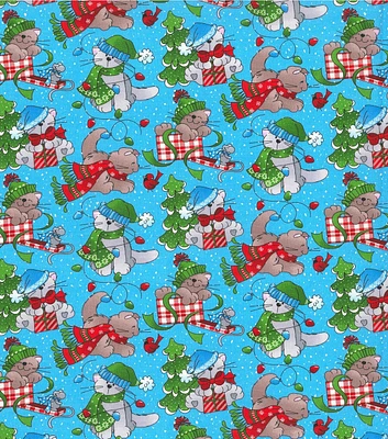 Fabric Traditions Cat & Present on Blue Christmas Cotton Fabric