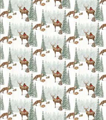 Springs Creative Deer & Fox in Snow on White Christmas Cotton Fabric