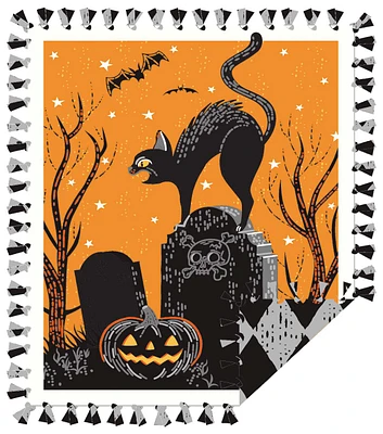 48" Black Cat on Orange Halloween No Sew Fleece Blanket