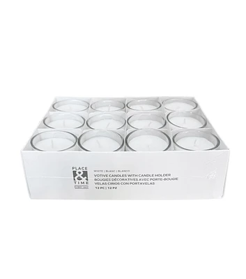 12pk White Unscented Votives With Glass Holders by Place & Time