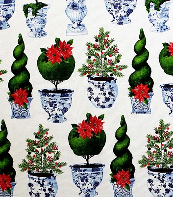 Chinoiserie Pots on White Canvas Christmas Cotton Fabric