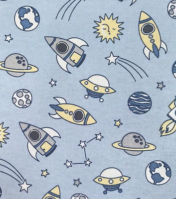 Spaceships on Blue Nursery Flannel Fabric