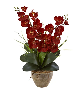 Nearly Natural 25" Red Harvest Silk Orchid Arrangement in Ceramic Vase