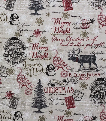 Merry & Bright on White Canvas Christmas Cotton Fabric