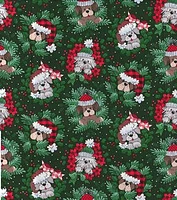 Pups in Wreaths on Green Christmas Cotton Fabric