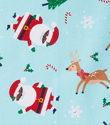 Melanine Santa Claus & Reindeer on Blue Christmas Glitter Cotton Fabric