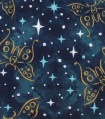 Galactic Celestial Butterflies & Stars on Blue Anti Pill Fleece Fabric