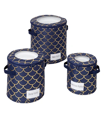 Honey Can Do 12" Navy & Gold Round Dinnerware Storage Cases 3ct