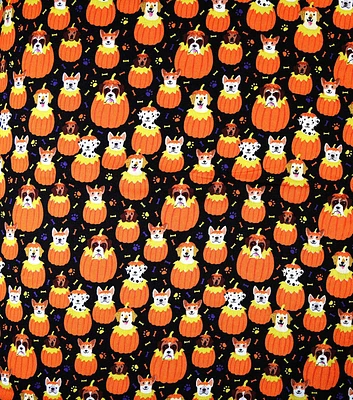 Dogs in Pumpkins on Black Halloween Cotton Fabric