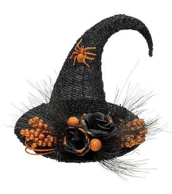 Northlight 16" Black Tinsel Witch's Hat With Orange Glittered Roses