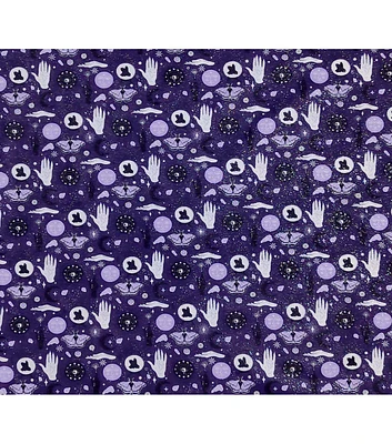 Seance Hands on Purple Halloween Glitter Cotton Fabric