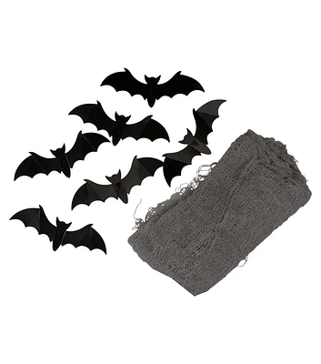 Northlight 10' Halloween Gray Gauze & Black Bats Decoration Kit 6pc