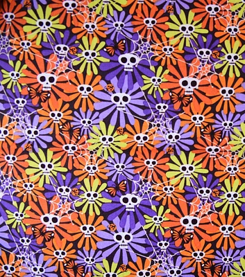 Skull Head Flowers on Purple Halloween Cotton Fabric