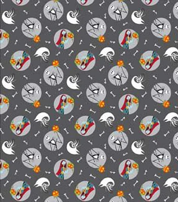 Disney Nightmare Before Christmas Jack & Sally on Gray Cotton Fabric