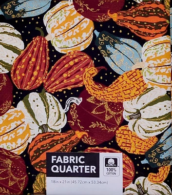 18" x 21" Pumpkins & Gourds on Black Metallic Cotton Fabric Quarter 1pc