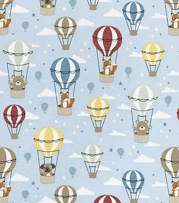 Hot Air Balloon Animals on Blue Nursery Flannel Fabric