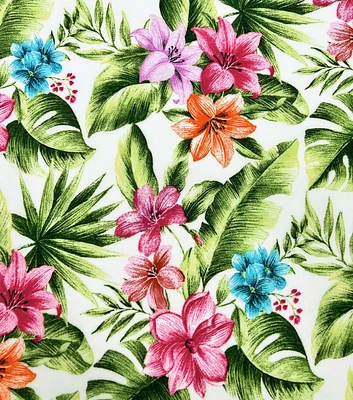 Tropical Floral on White Smocked Rayon Challis Fabric