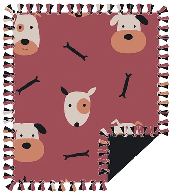 48" Wide Cute Dog Faces on Red No Sew Fleece Blanket by Happy Value