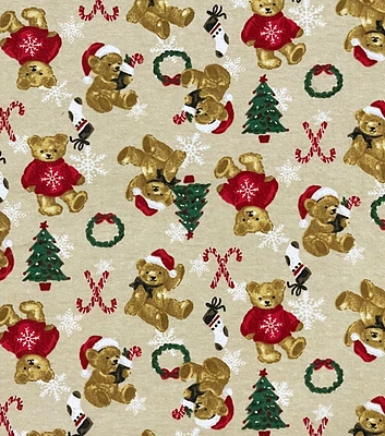 Christmas Teddy Bears on Tan Super Snuggle Flannel Fabric