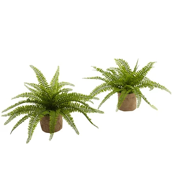 Nearly Natural 15" Boston Fern With Burlap Planter 2ct