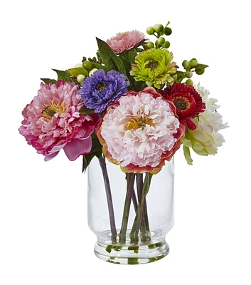 Nearly Natural Pink Peony and Mum in Glass Vase