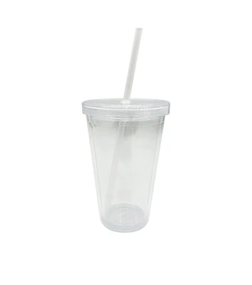 16oz Clear Plastic Tumbler With Straw by Happy