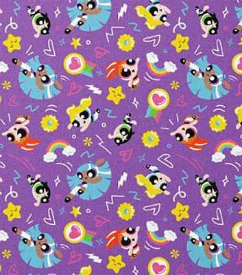 Powerpuff Girls Icons on Purple Cotton Fabric