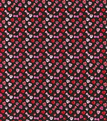 Canine Candy Hearts on Black Valentine's Day Cotton Fabric