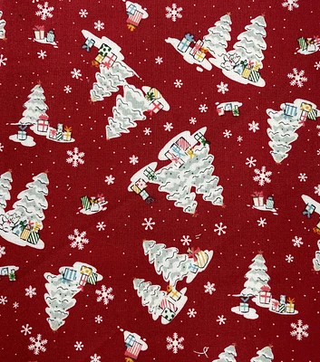 Vintage White Trees on Red Christmas Cotton Fabric