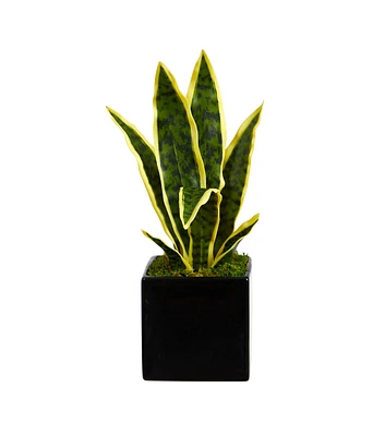 Nearly Natural 16" Artificial Sansevieria Plant in Black Planter