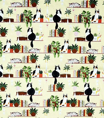 Cats On Shelves Tan Novelty Print Cotton Fabric