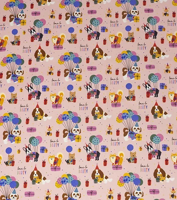 Dog Birthday Celebration on Pink Novelty Cotton Fabric