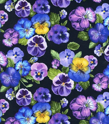 Hi Fashion Pansies on Black Premium Cotton Fabric