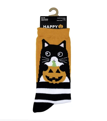 1 Pair Halloween Black Cat Pumpkin Crew Socks by Happy Value