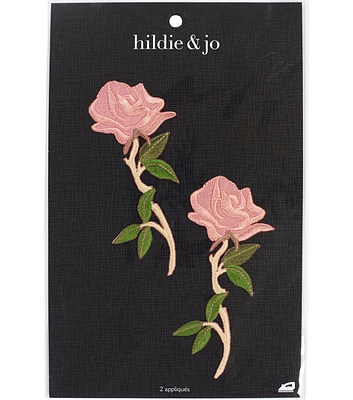 2" x 4" Pink Roses With Stem Iron On Patches 2pk by hildie & jo