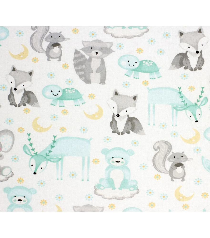 Sleepy Animals On Clouds Nursery Flannel Fabric