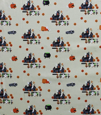 Halloween Haunted House on White Cotton Fabric