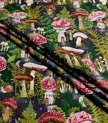 Fairy Houses With Mushrooms on Green Super Snuggle Flannel Fabric