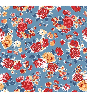 Stitch & Sparkle Roses on Cerulean Cotton Fabric