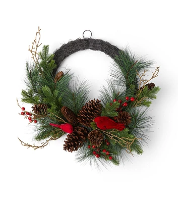 24" Christmas Asymmetric Red Cardinal With Pinecone Wreath by Bloom Room