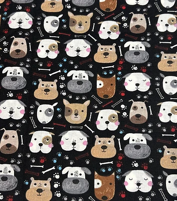 Novelty Cotton Fabric Dog Faces on Black