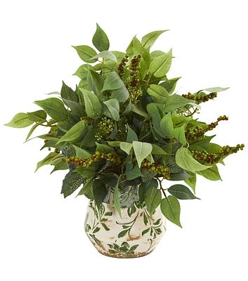 Nearly Natural 13" Ficus Fittonia & Berries Plant in Floral Vase