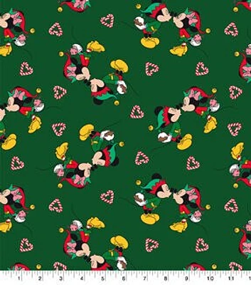 Mickey & Minnie Kisses on Green Christmas Cotton Fabric