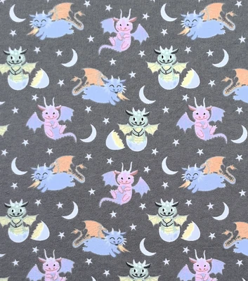 Dragons At Night on Black Nursery Flannel Fabric