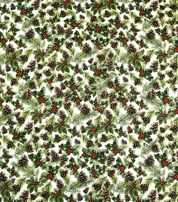 Pinecone & Holly Berries on White Christmas Cotton Fabric