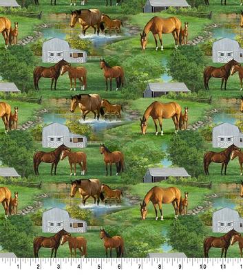 Horse Scenic on Green Novelty Cotton Fabric