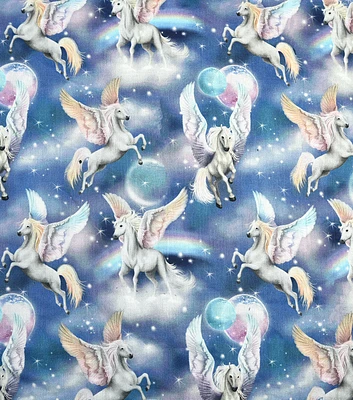 Celestial Pegasus on Blue Novelty Cotton Fabric