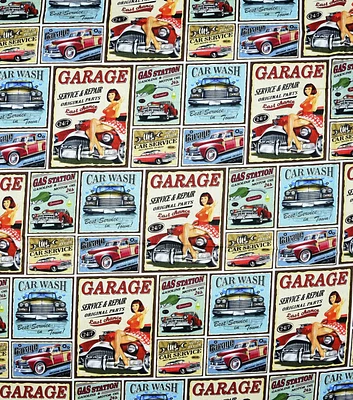 Vintage Garage Signs Novelty Cotton Fabric