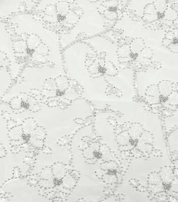 White Sequin Beaded Floral Mesh Fabric