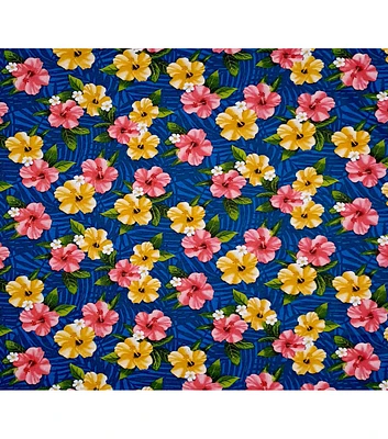 Hibiscus Flowers on Navy Super Snuggle Flannel Fabric